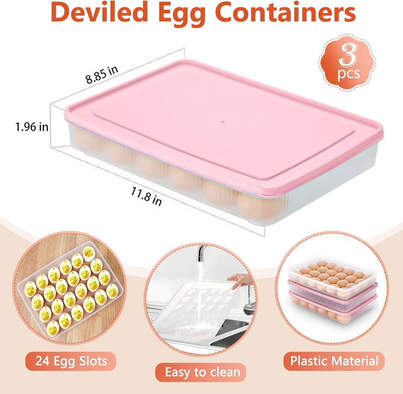 FACULX 3 Pack Deviled Egg Containers with Lid and 8 Pcs Deviled Egg Injector Piping Tool, Egg Organizer for Refrigerator, Fridge Stackable Countertop Portable Egg Platter (Pink) - Image 2